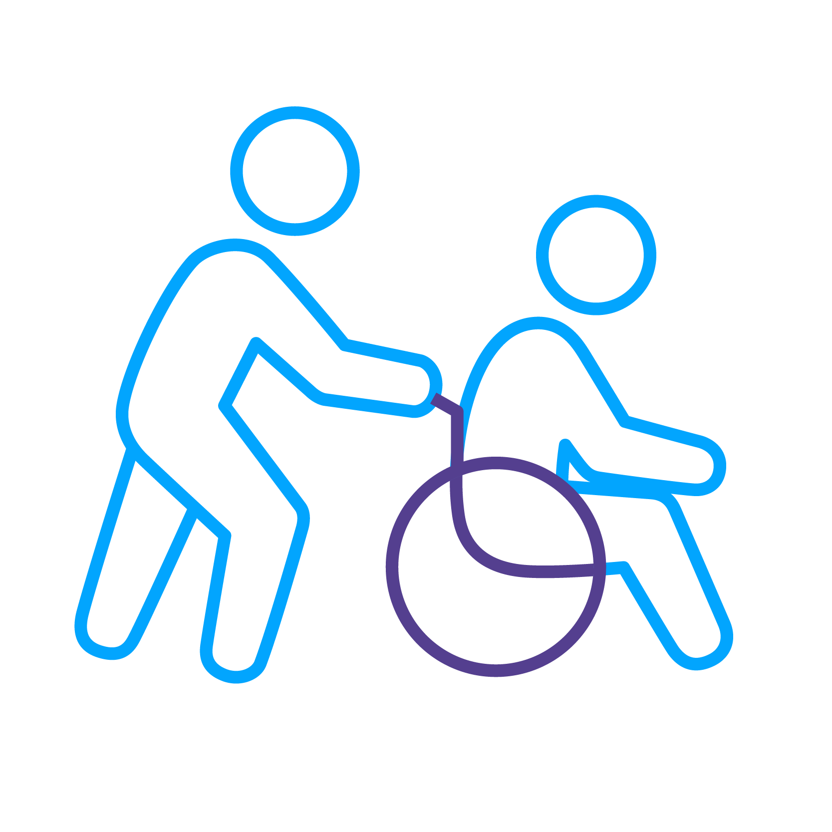 This image depicts a simple line drawing of a person pushing another person in a wheelchair, set against a black background.