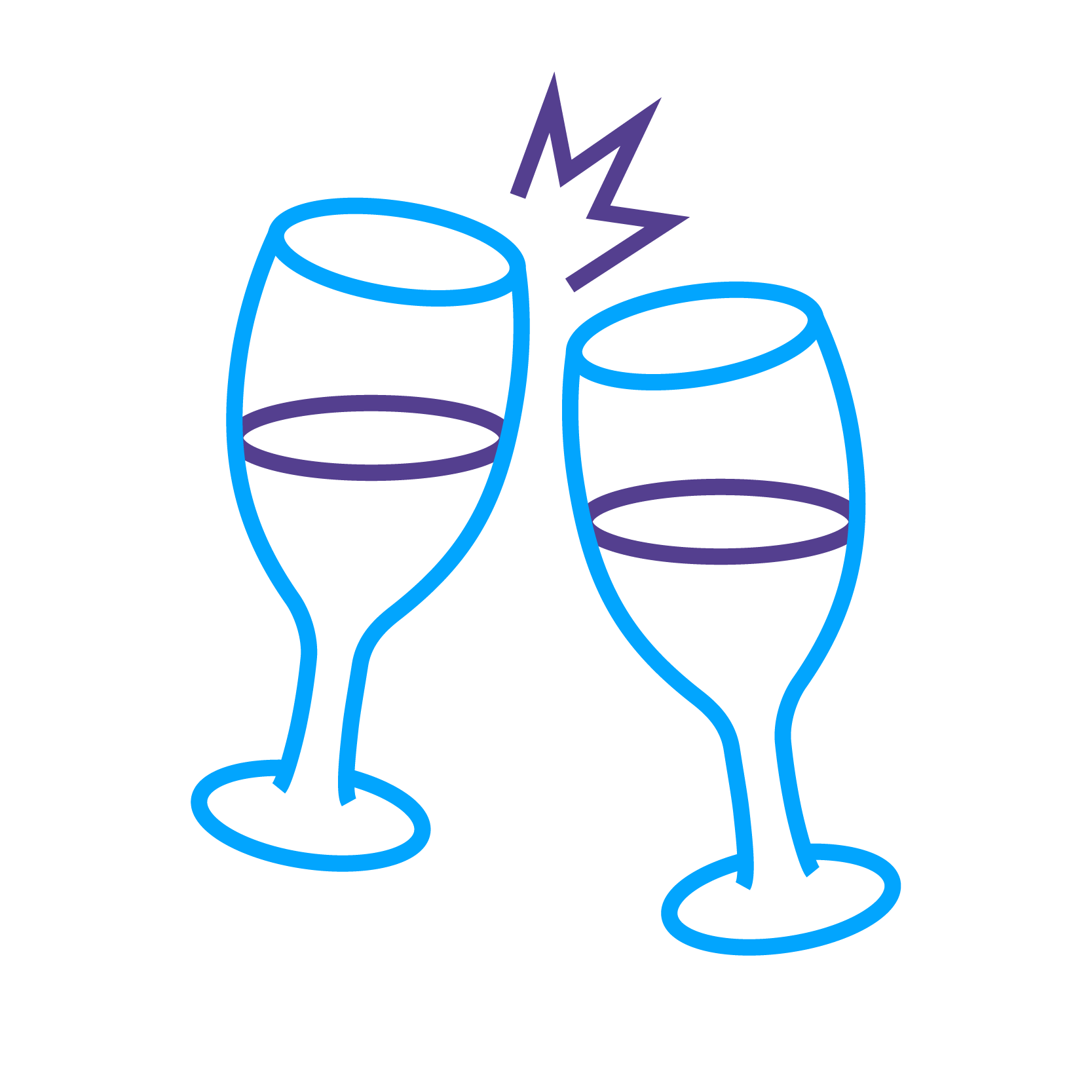 Two stylized wine glasses clinking with a purple liquid inside, set against a black background, indicating celebration or a toast.