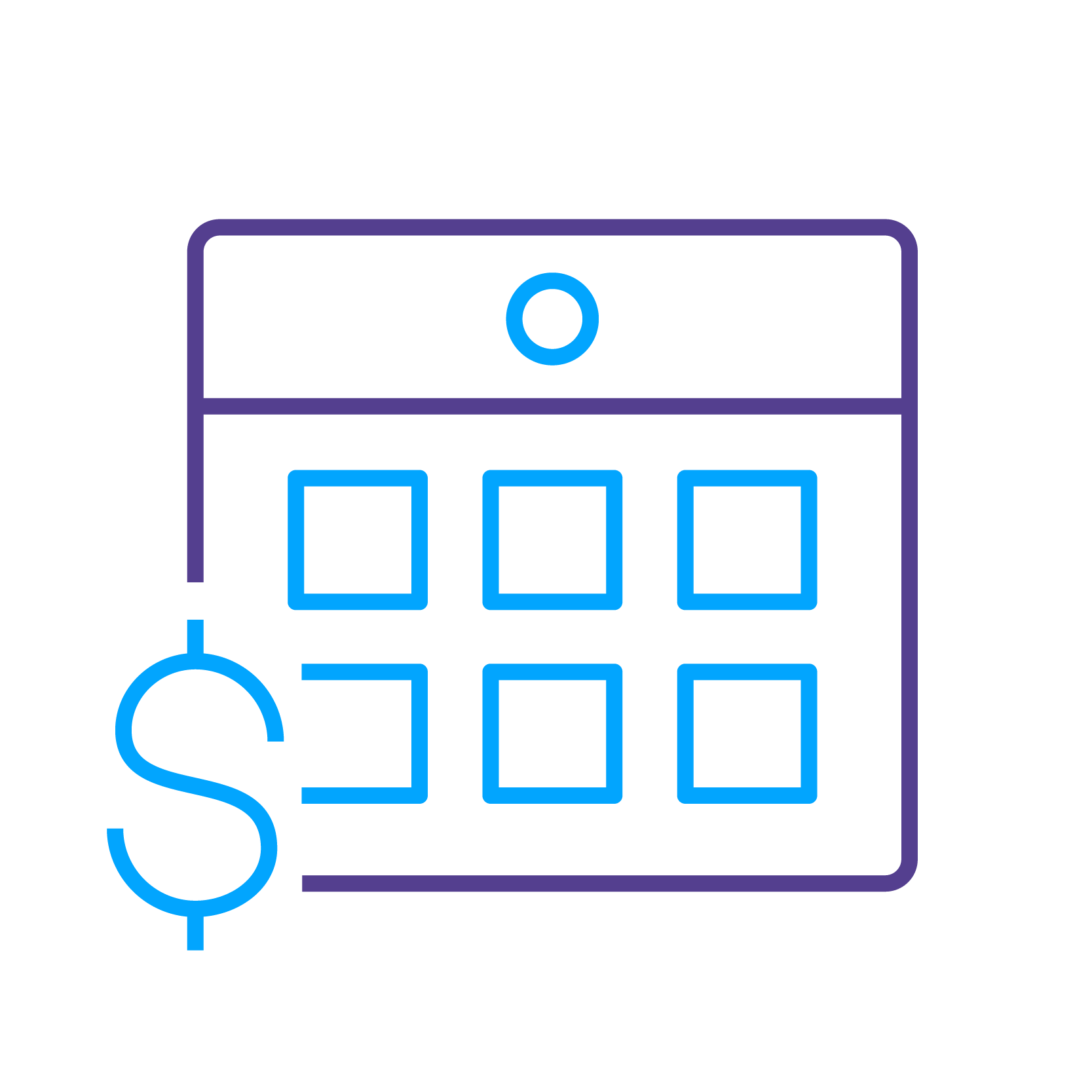 Calendar icon with a dollar sign, featuring a grid design in neon blue and purple lines on a black background, symbolizing financial scheduling.