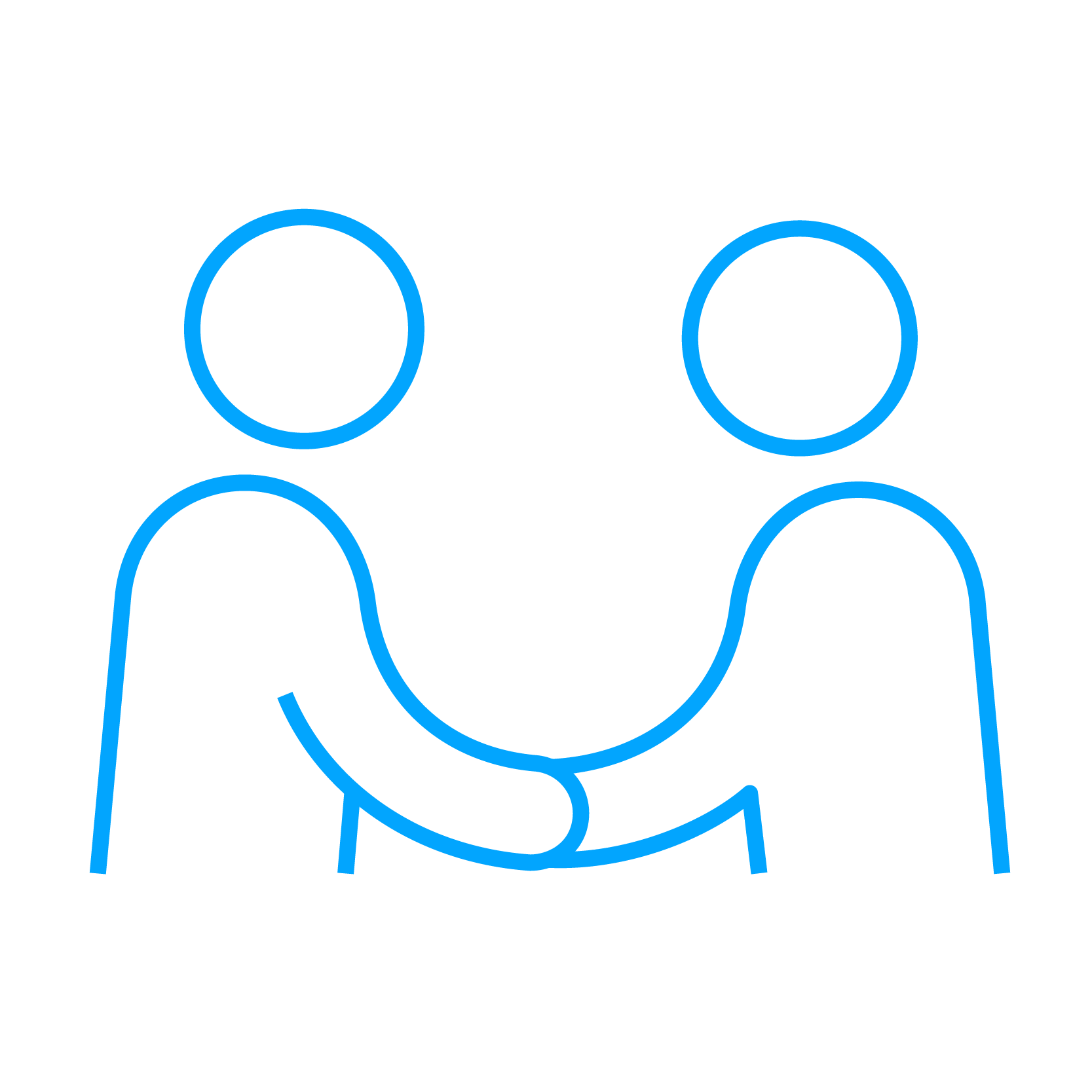 Two blue stick figures outlined on a black background, shaking hands. Simple line art style conveys partnership and cooperation.