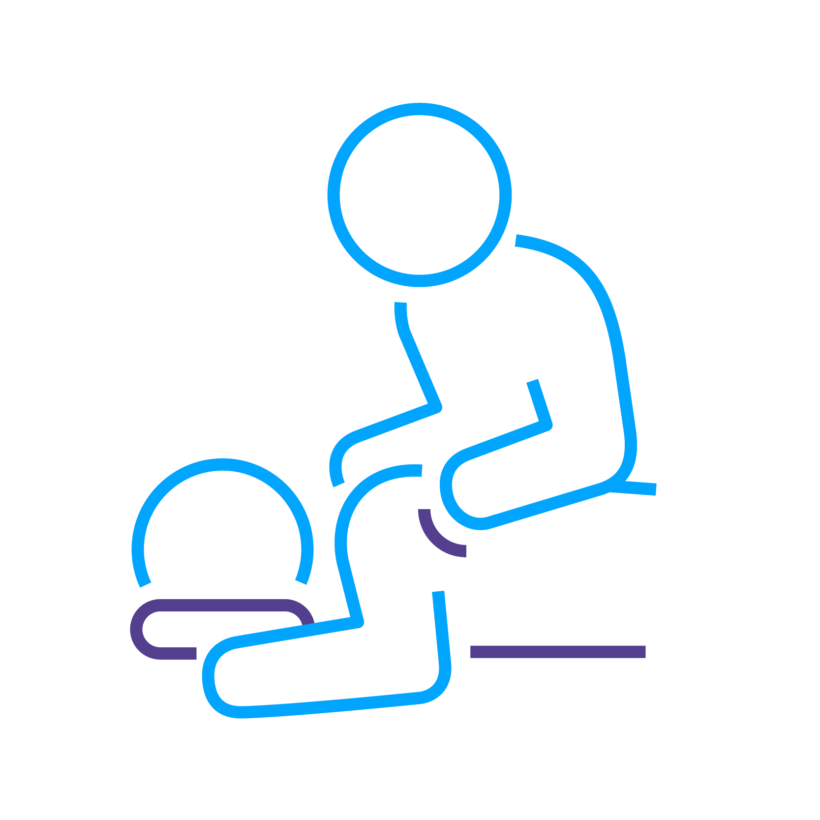 Line art illustration of a person performing CPR on another figure, set against a black background. Simple, minimalist design with blue lines.