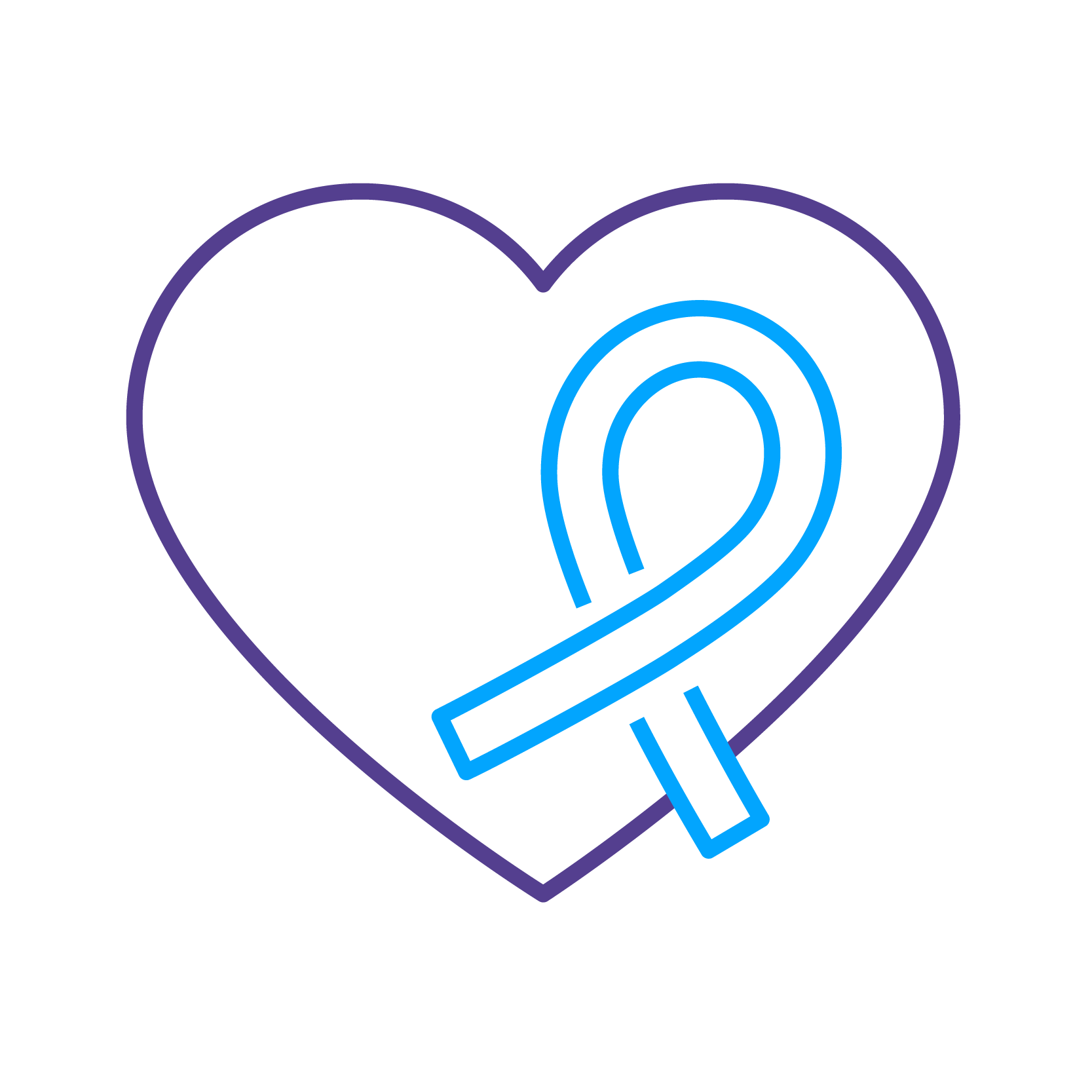 A purple heart outline encloses a blue awareness ribbon on a black background, symbolizing support and awareness for a cause.