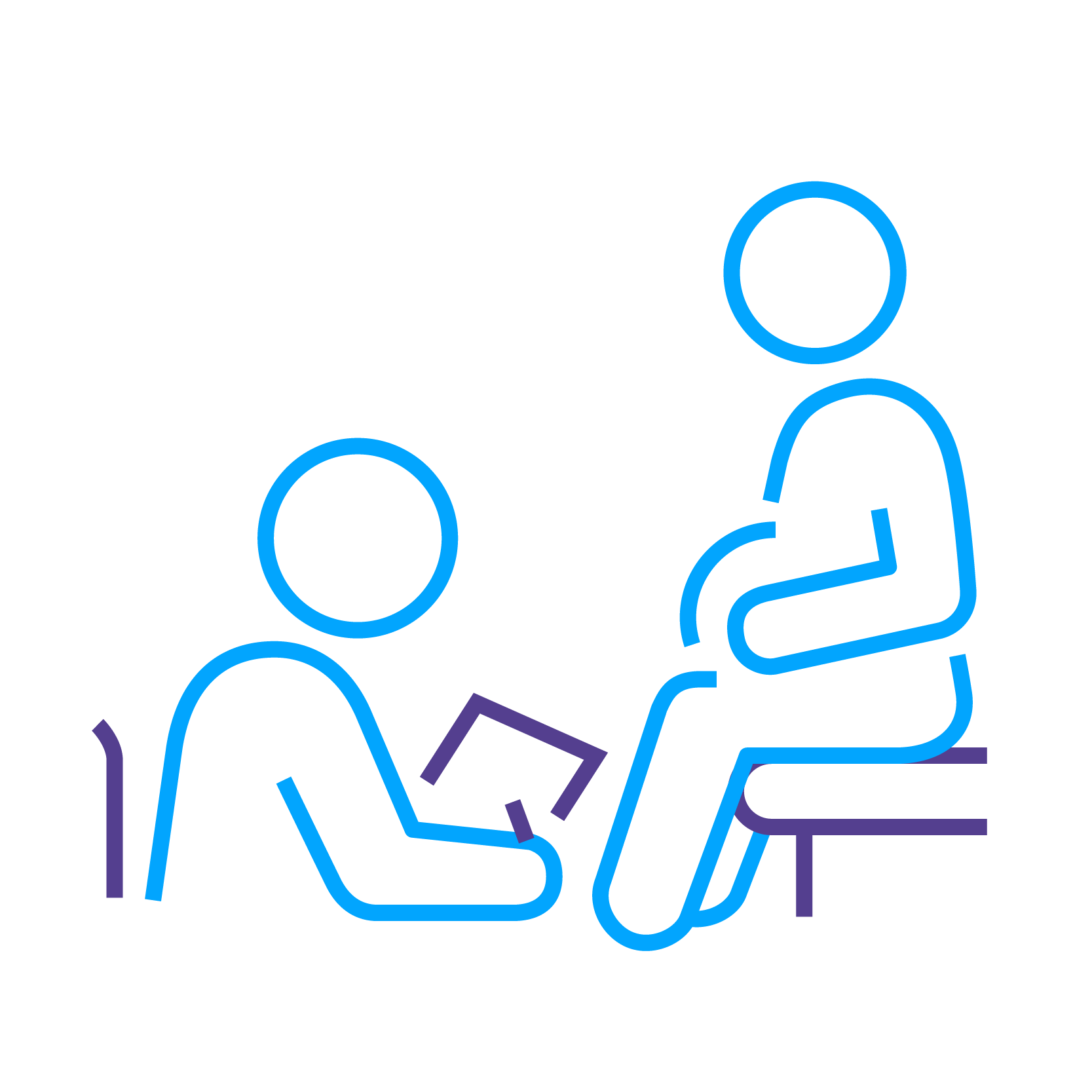 Two stick figures in blue sit facing each other. One is reading a book while sitting on a chair, the other sits on the ground.