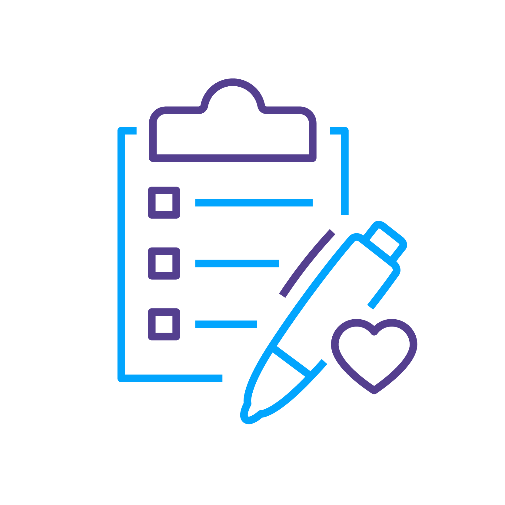 A stylized icon with a clipboard, pen, and heart, outlined in blue and purple against a black background. Represents planning or survey themes.