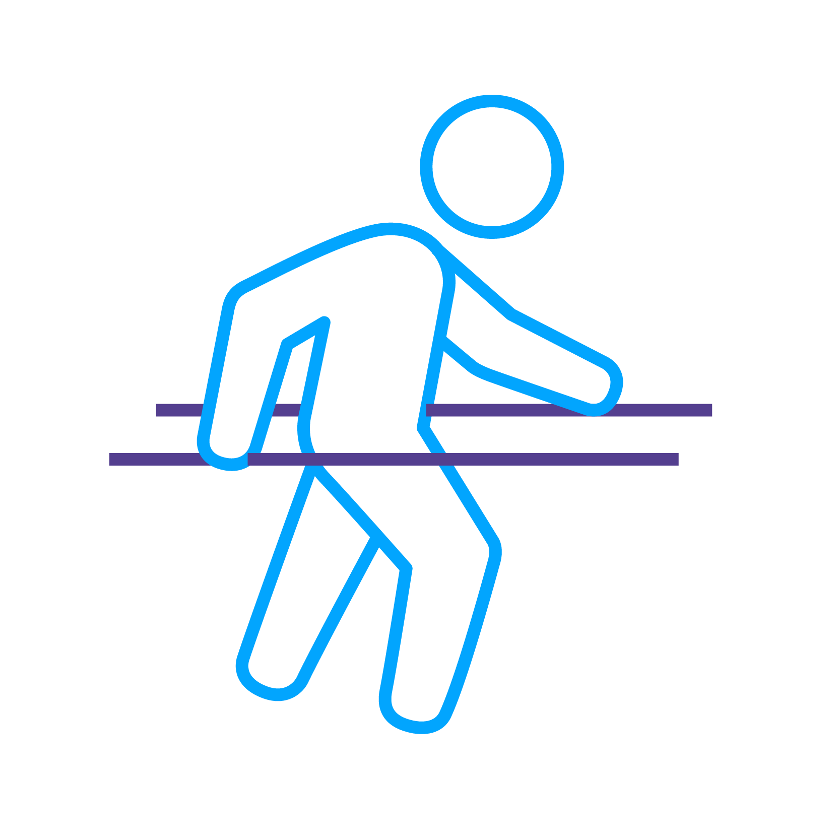 The image depicts an abstract blue outline of a person, symbolizing walking or moving, with two parallel lines over their waist against a black background.